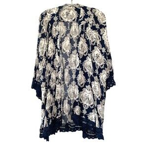 JODIFL Open Front Kimono Wrap Lace Trim 3/4 Sleeves Lace Trimmed Womens L VTG 90